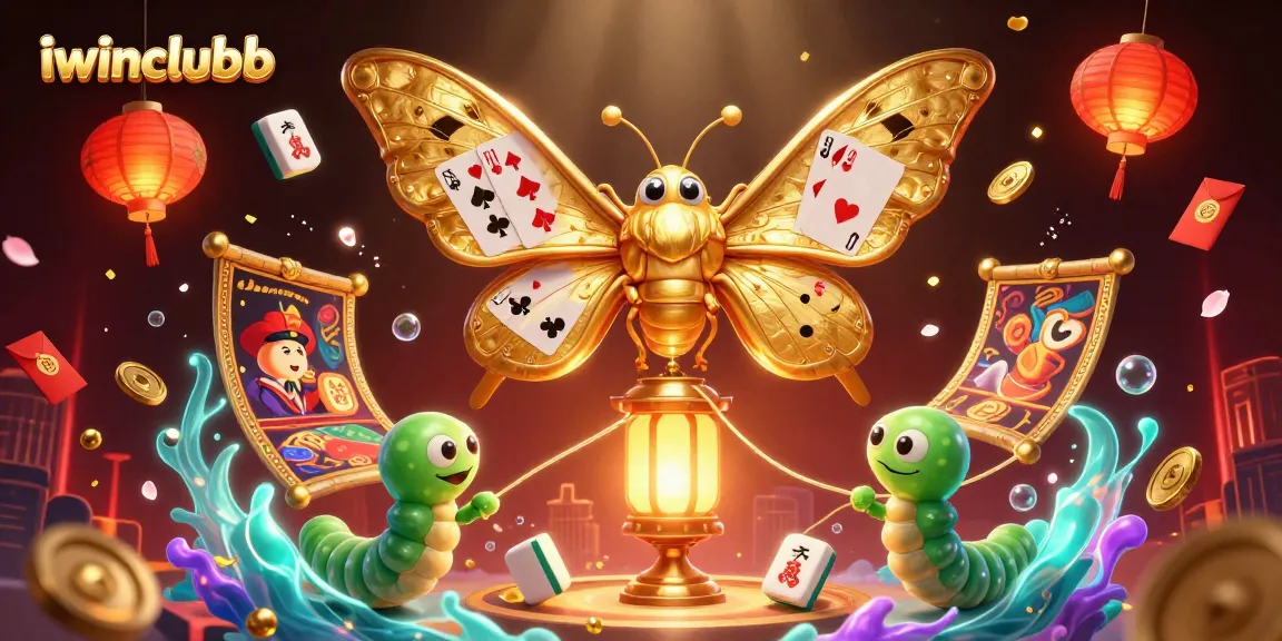 Enchanting iwinclubb scene with golden-winged moth and vibrant casino elements.
