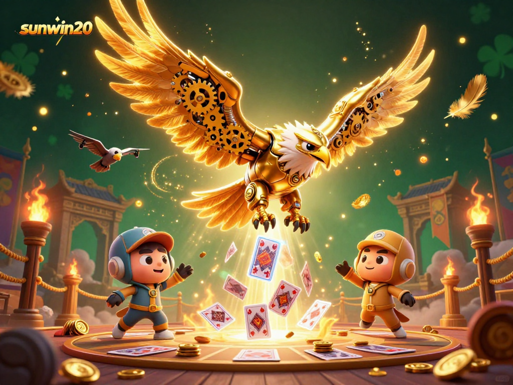 Engage with sunwin20 as a golden eagle dives among vivid holographic cards in a vibrant casino world.