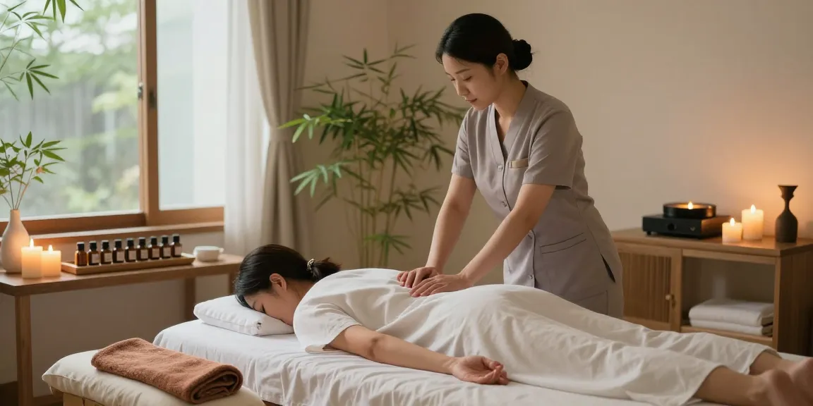 Relaxing 파주출장마사지 session in a serene home spa environment with candles and essential oils.