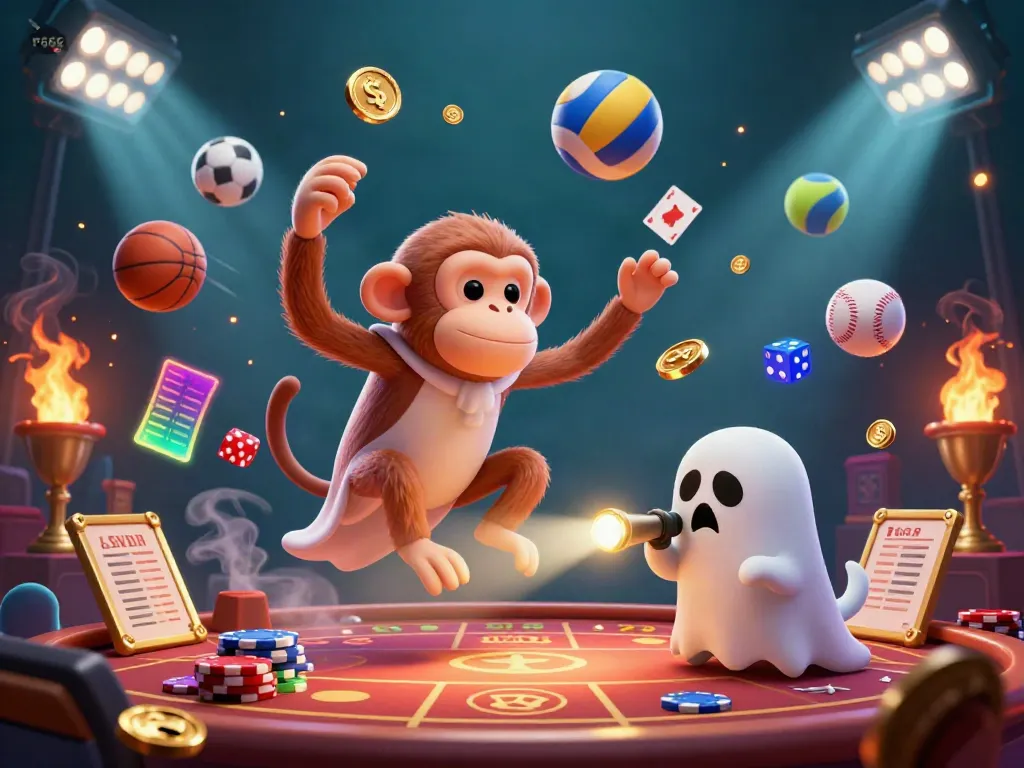 Experience thrilling action at r666 with a ghost-hunter puppy tracking a juggling poltergeist in a dynamic casino scene.