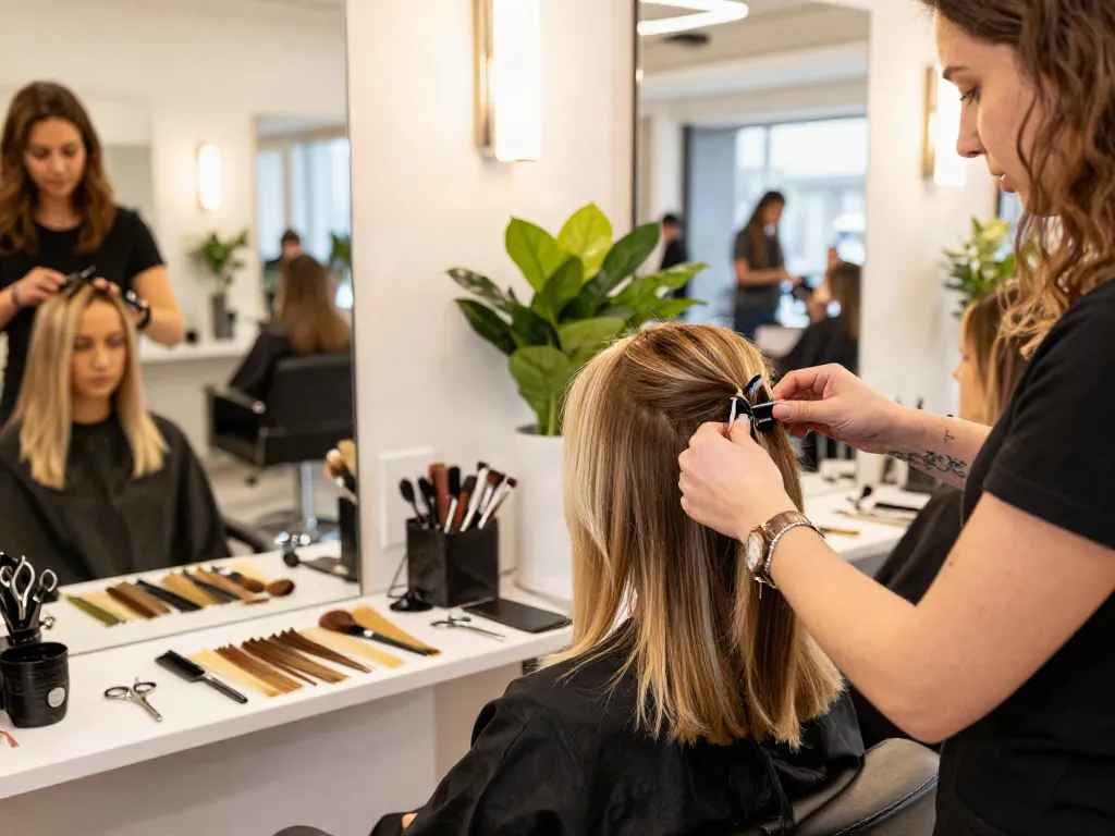 Stylist applying invisible clip in extensions for a seamless look in a bright salon.