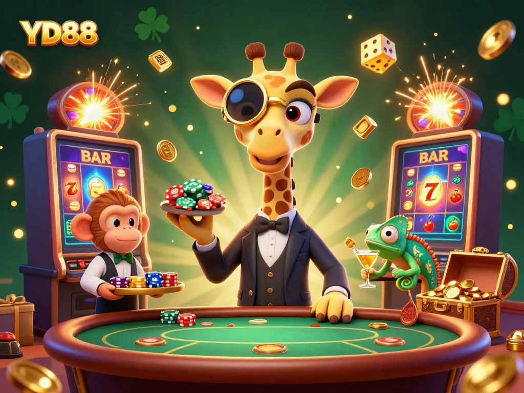 Engage with YD88's exciting casino world featuring vibrant characters and a jackpot explosion.