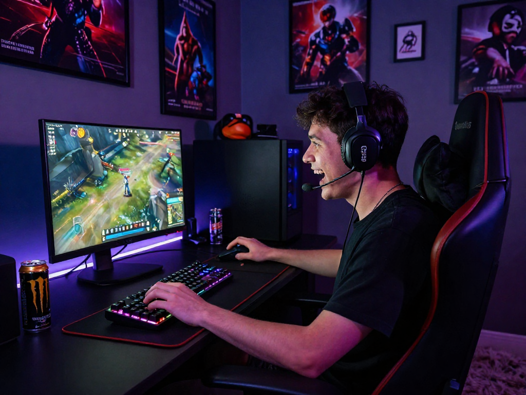 Exciting gaming scene with player immersed in rokok88 online competition, surrounded by vibrant LED lights and gaming gear.