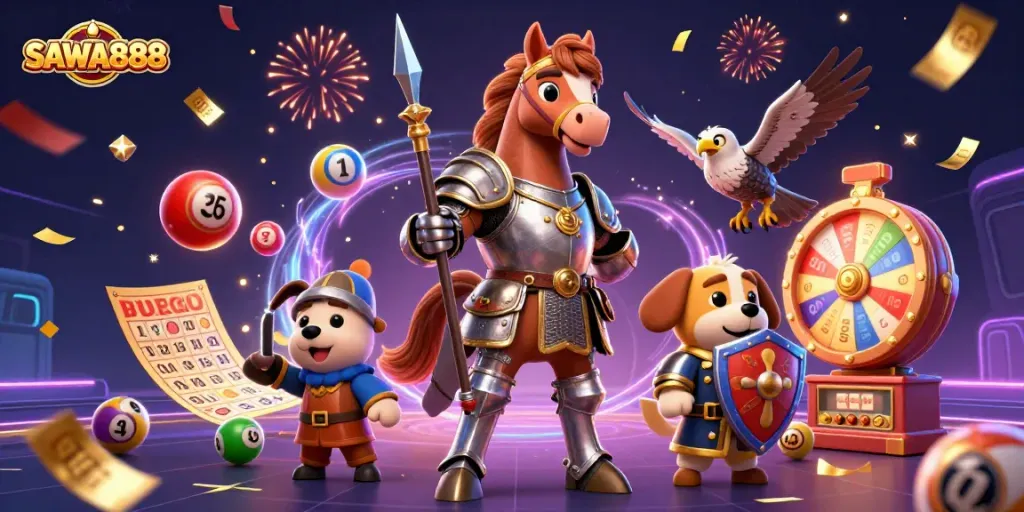 SAWA888 knights and a puppy celebrate lottery wins in a vibrant 3D casino scene.