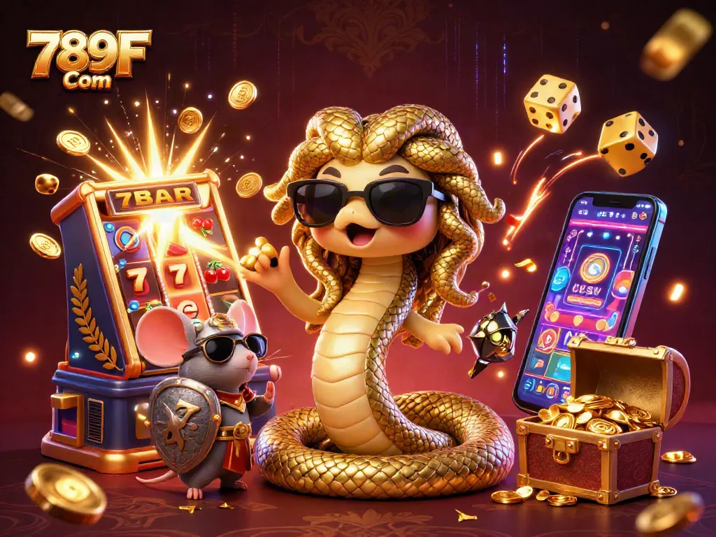 Engage with thrilling games at 789F Com, featuring dynamic Medusa and a stone warrior amidst casino excitement.