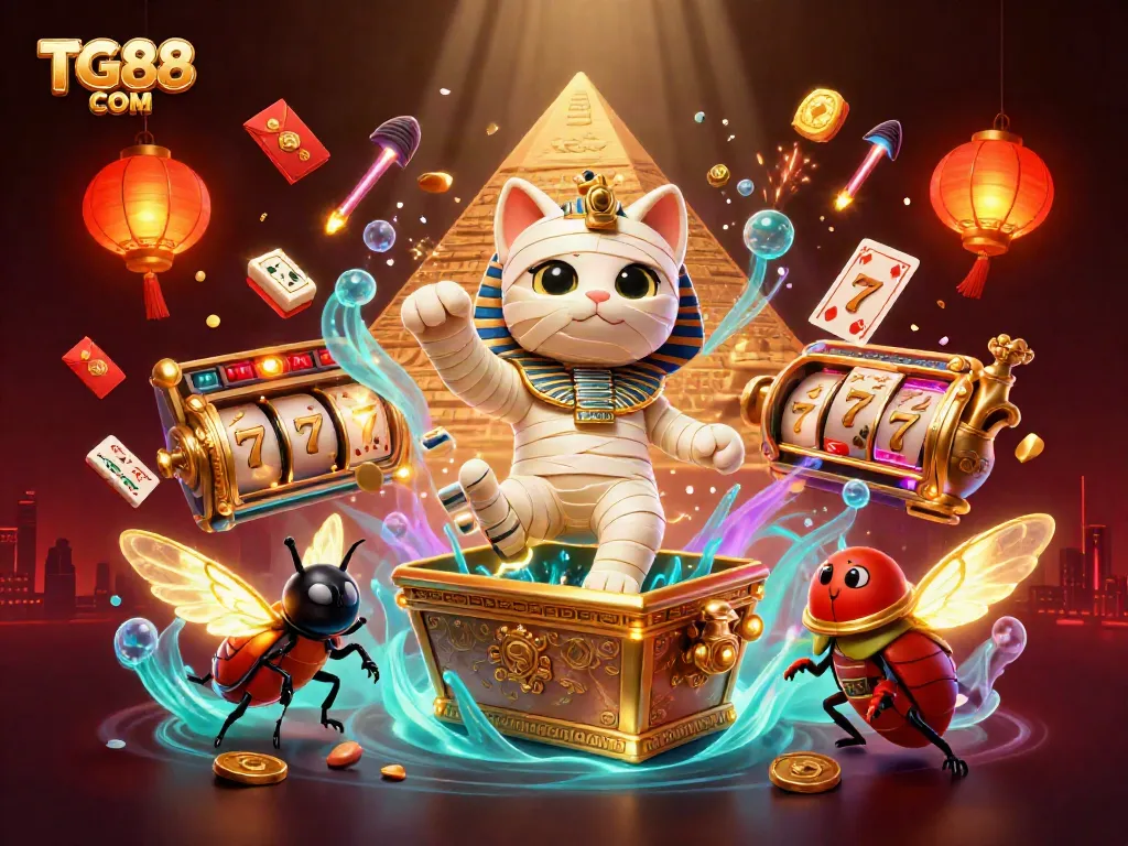 Play exciting games at TG88 COM with a lively illustration of an Egyptian mummy cat in a vibrant casino.