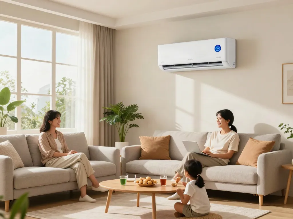 24000 btu mini split air conditioner providing comfort in a family living room, showcasing a cozy interior setting and modern home design.