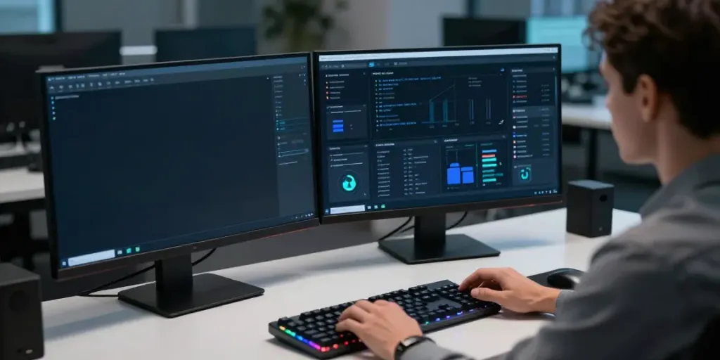 web app va in a modern developer workspace, showcasing cybersecurity analytics and software development.