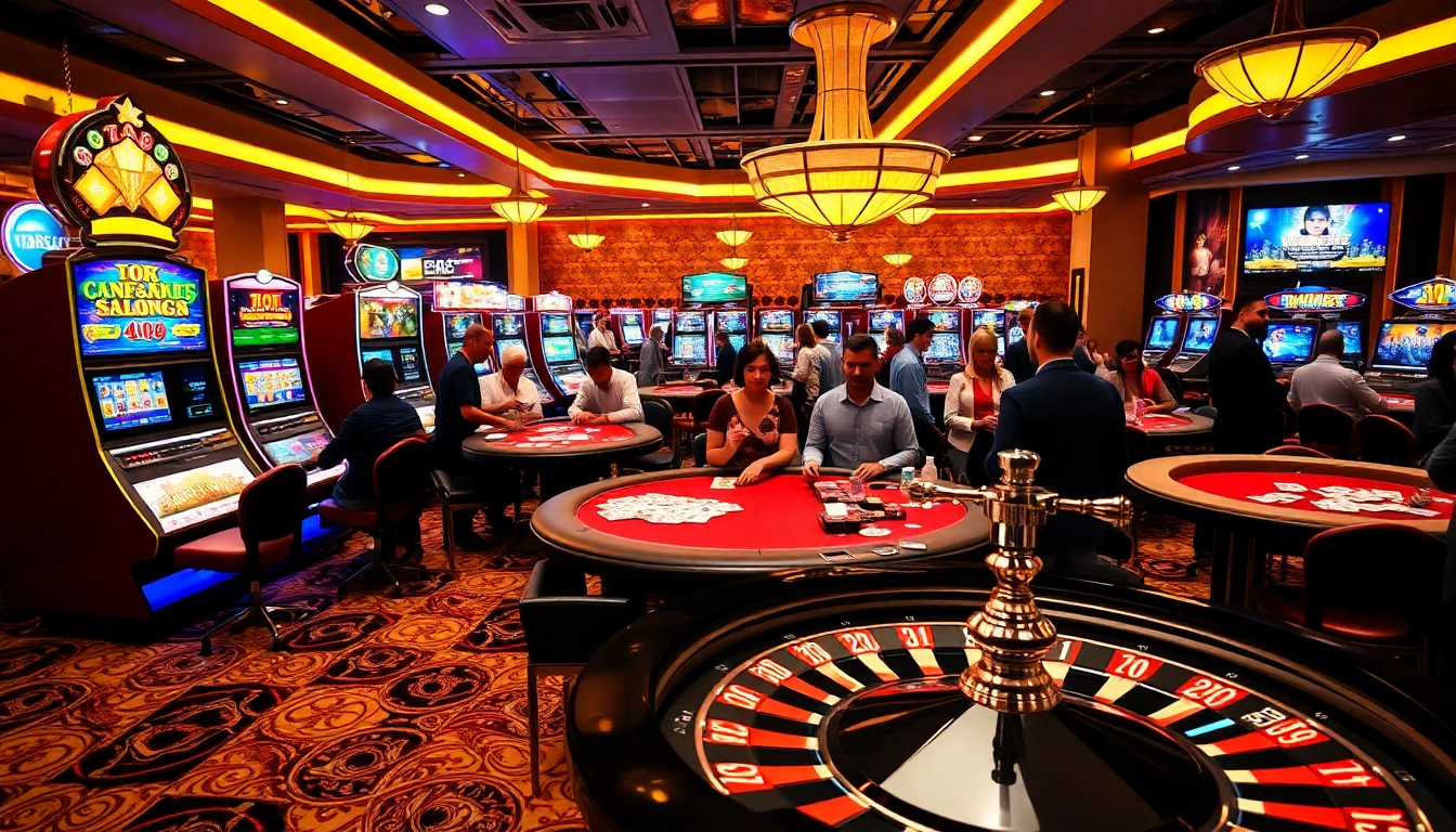 Exciting players engaging in gambling at tg88 casino, featuring slot machines and poker tables.