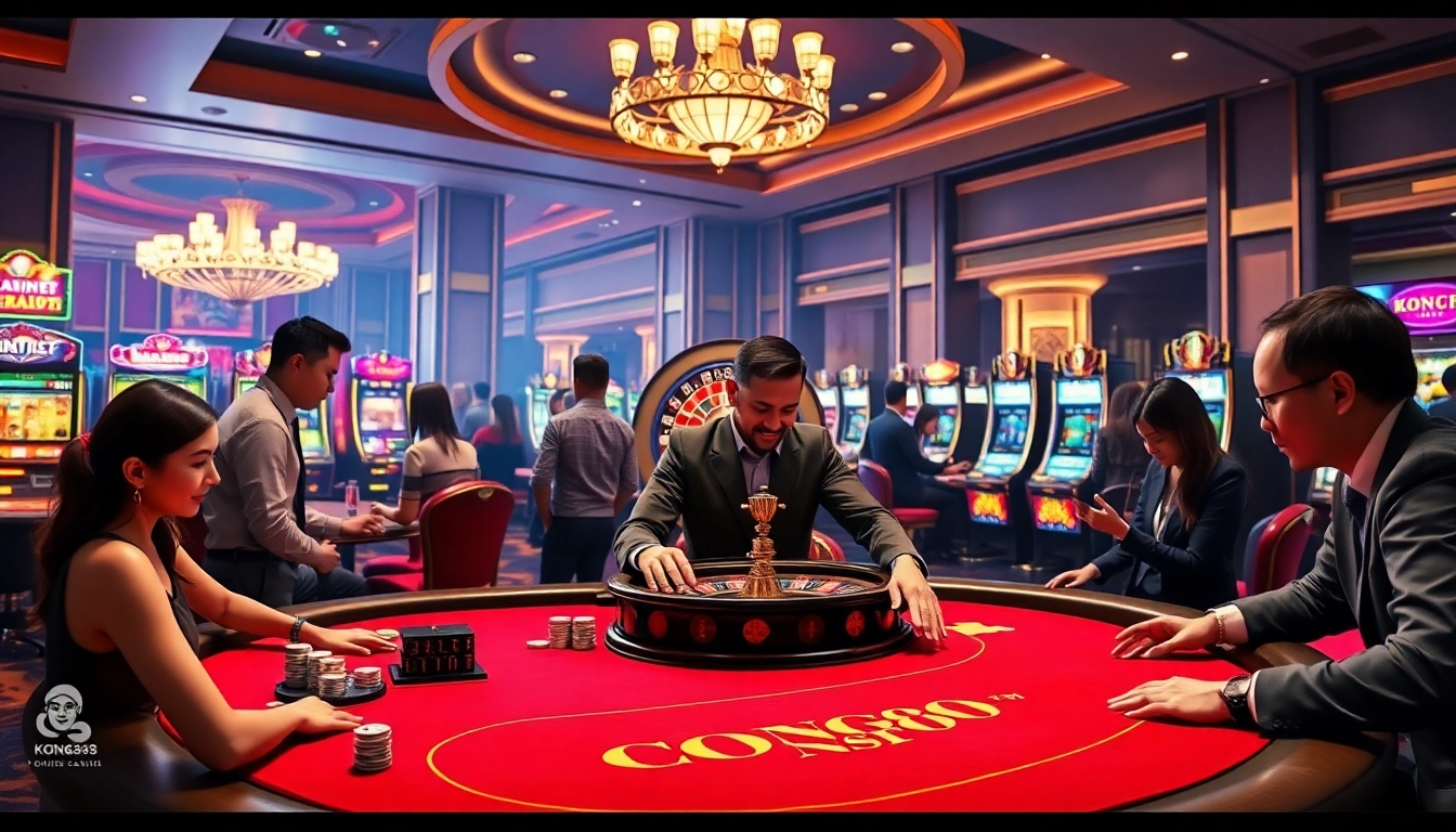 KONG88 online gamblers enjoying thrilling poker and roulette excitement in a luxurious casino setting.