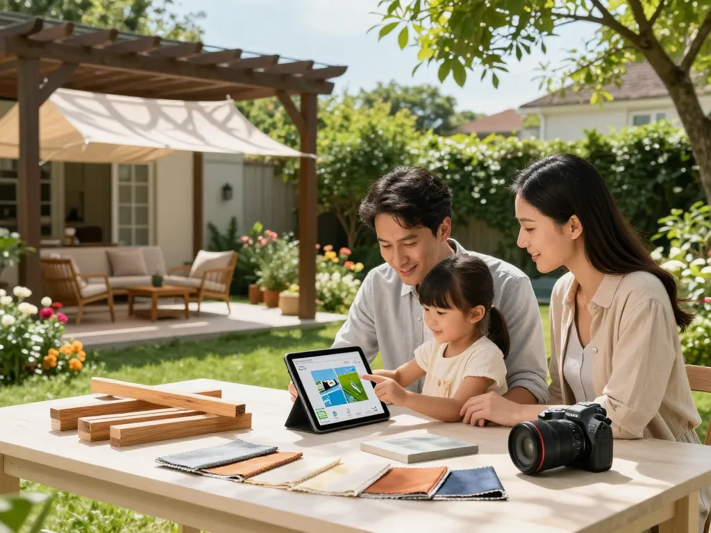 Family using an online pergola configurator in a sunny backyard, showcasing design options and materials.