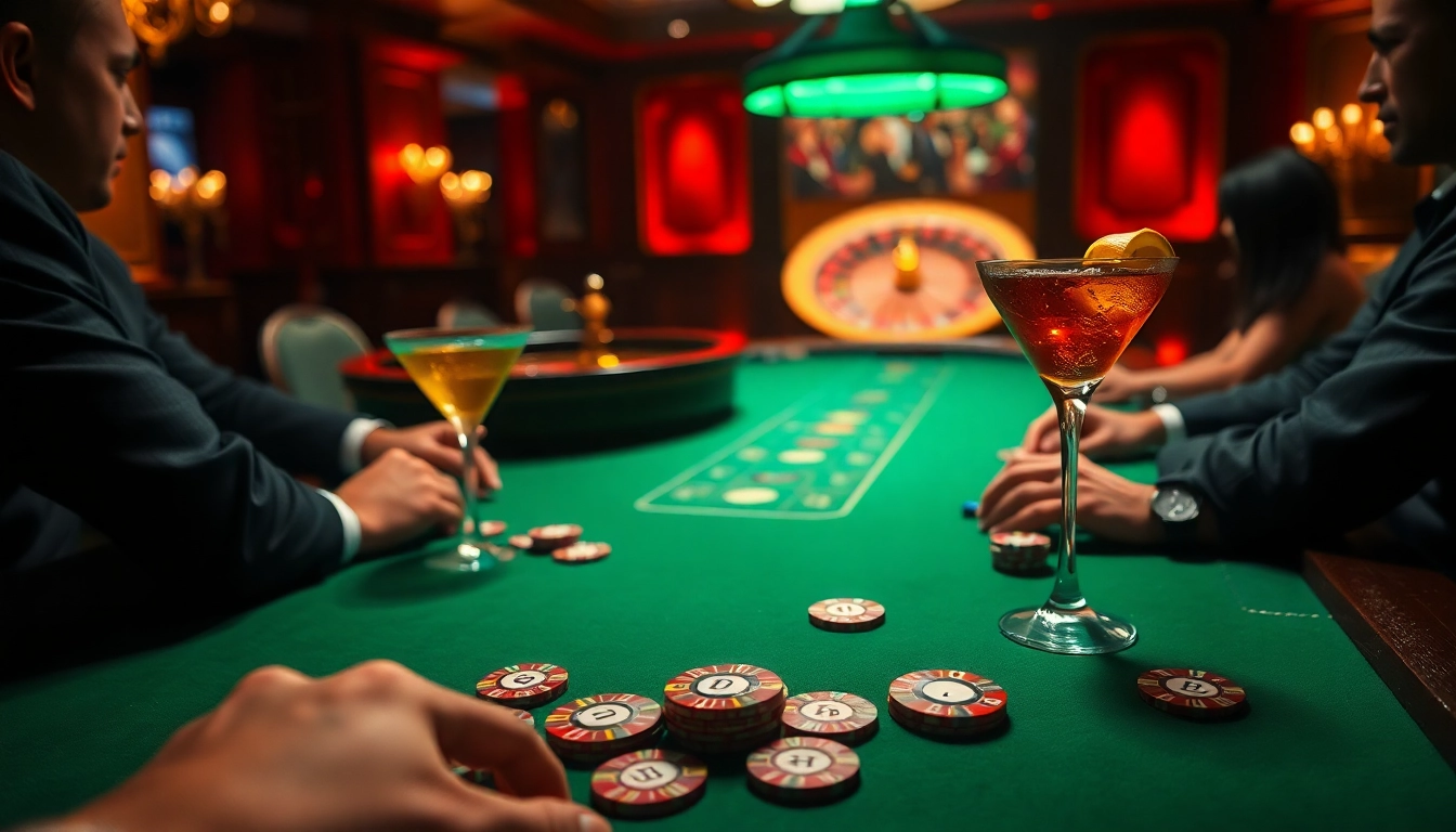 Intense game at B52 casino table with poker chips and excited players.