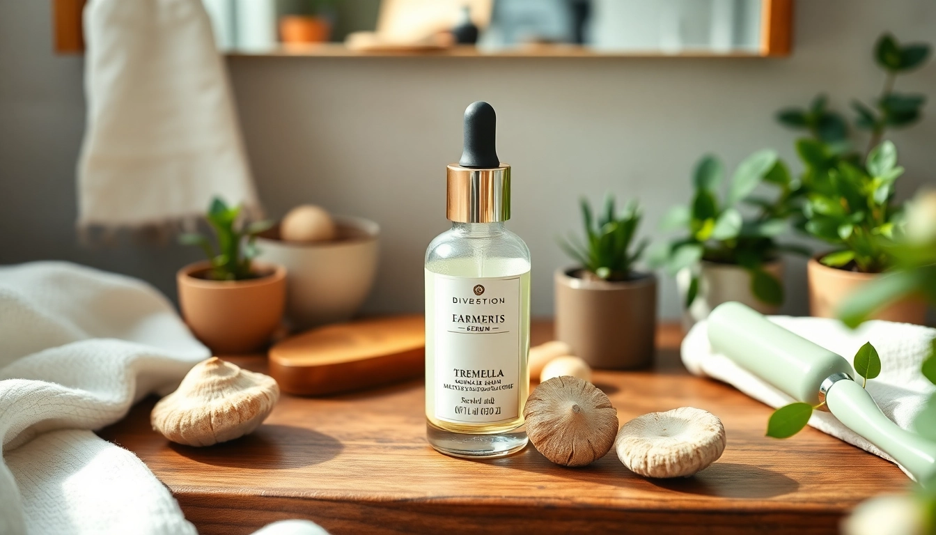 Tremella mushroom serum displayed on a wooden vanity with botanical accents for a serene skincare routine.