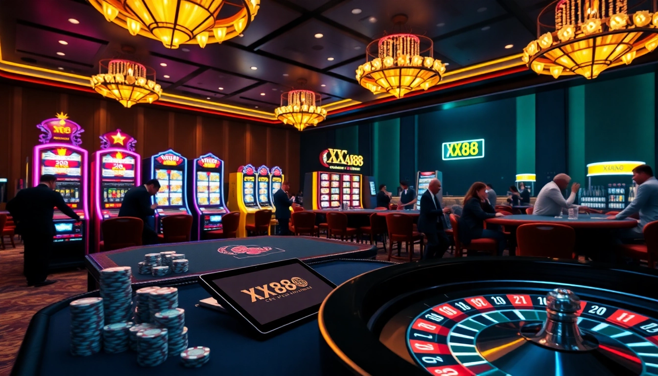 Experience the thrilling atmosphere of gambling at XX88 with vibrant casino visuals.