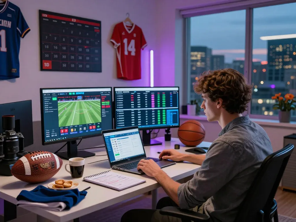 Strategic 1xbet Betting Tips being analyzed in a modern home office during evening sports events.