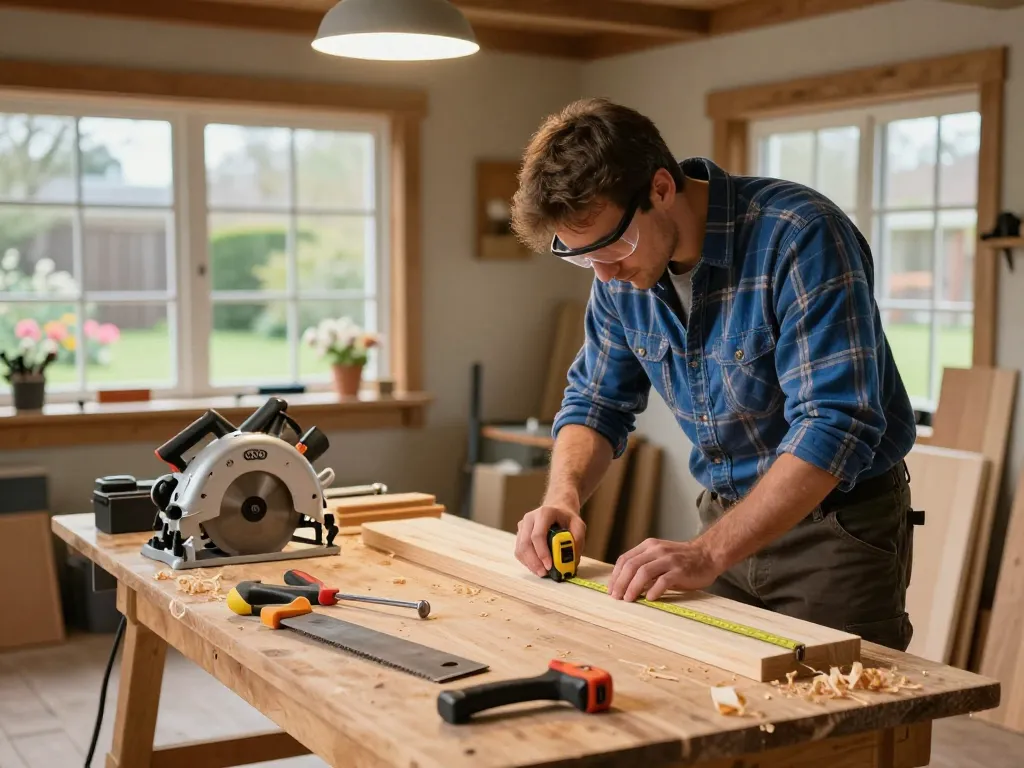 Carpentry scene featuring a skilled carpenter measuring wood in a cozy workshop
