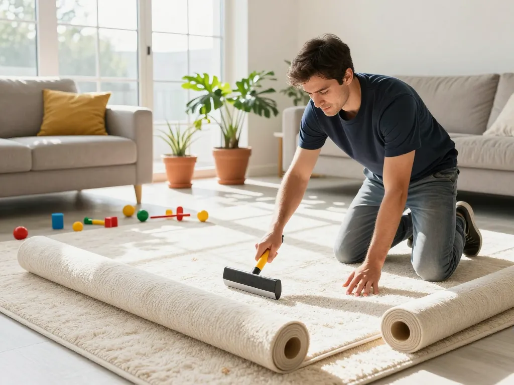 Home carpet fitting services in a bright living room with a professional installing plush carpet.
