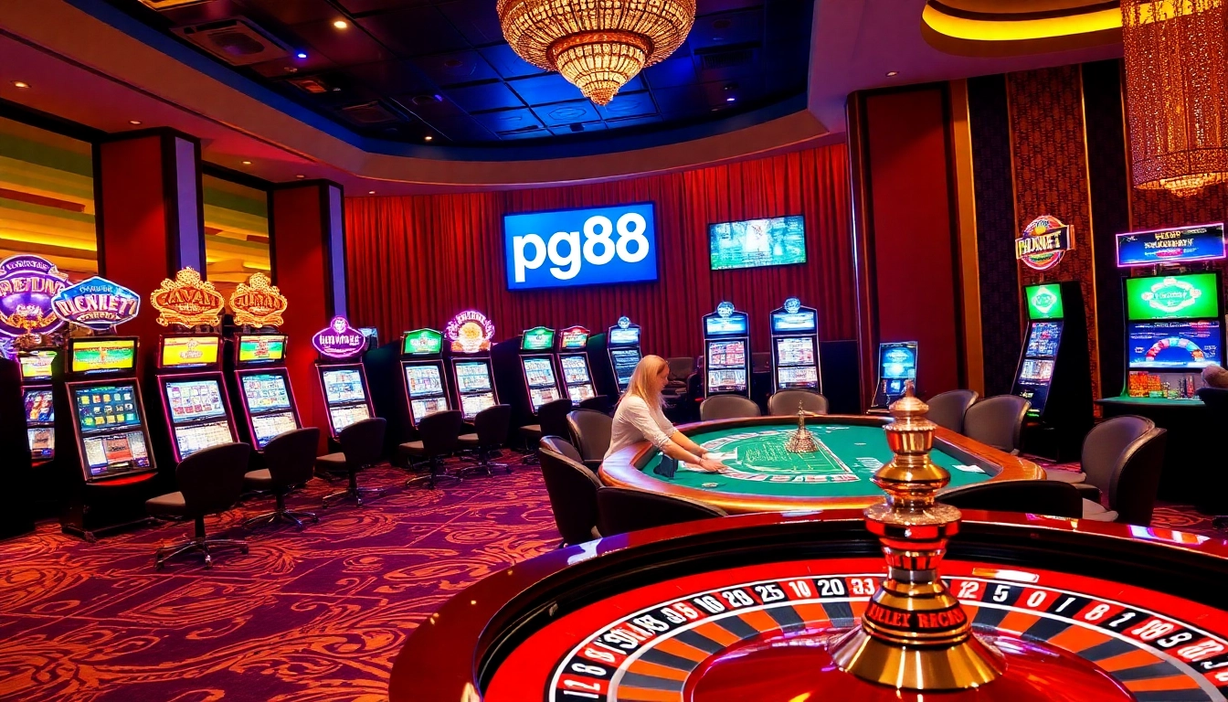 Engaged players at a pg88 casino, showcasing blackjack and slot machines.