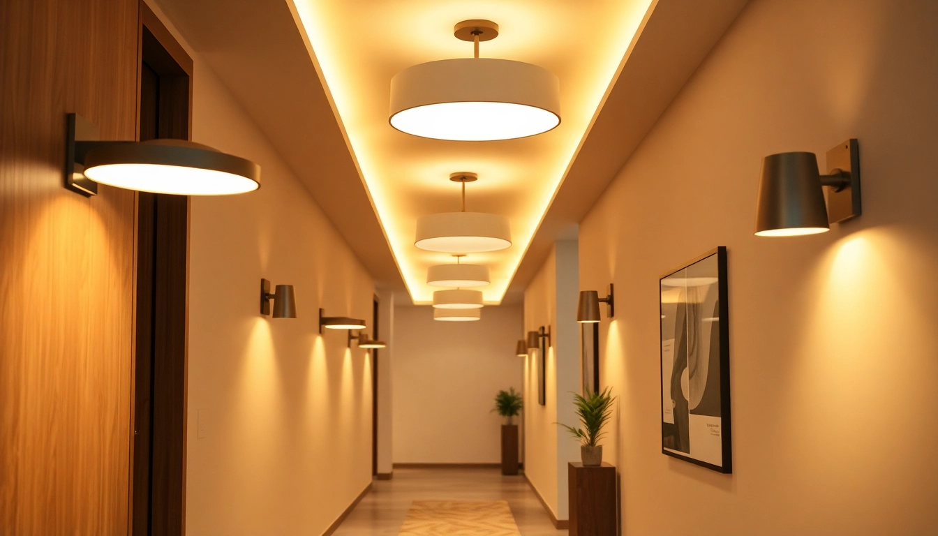Showcase light fixtures for hallway illuminating a stylish corridor with warm ambiance.