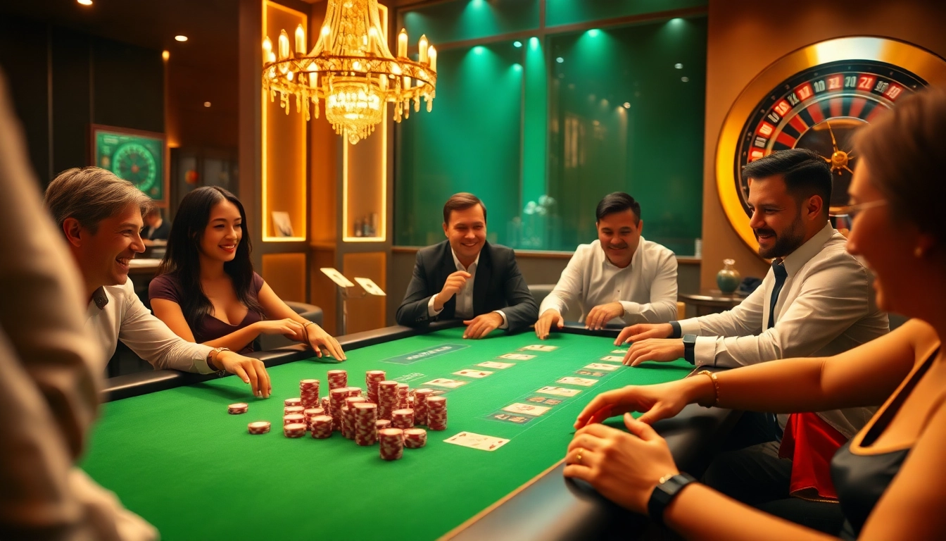 Players enjoying a vibrant poker game at XX88 online casino, reflecting luxury and excitement.