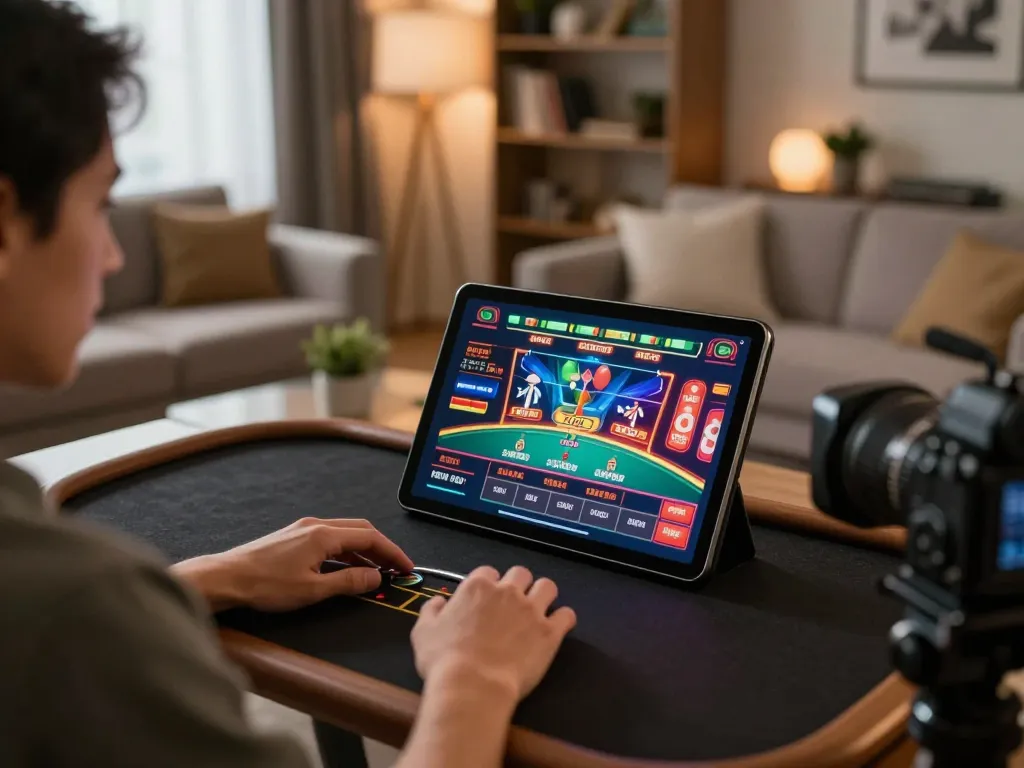 Engaging online gaming experience with FC88, showcasing live dealer interaction on tablet in cozy setting.