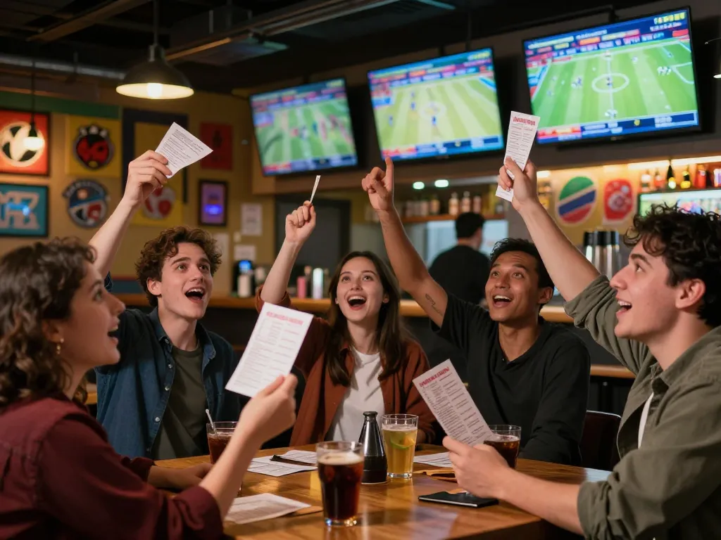 Engaged sports bettors analyzing odds at LC88 casino, showcasing lively sports betting atmosphere.