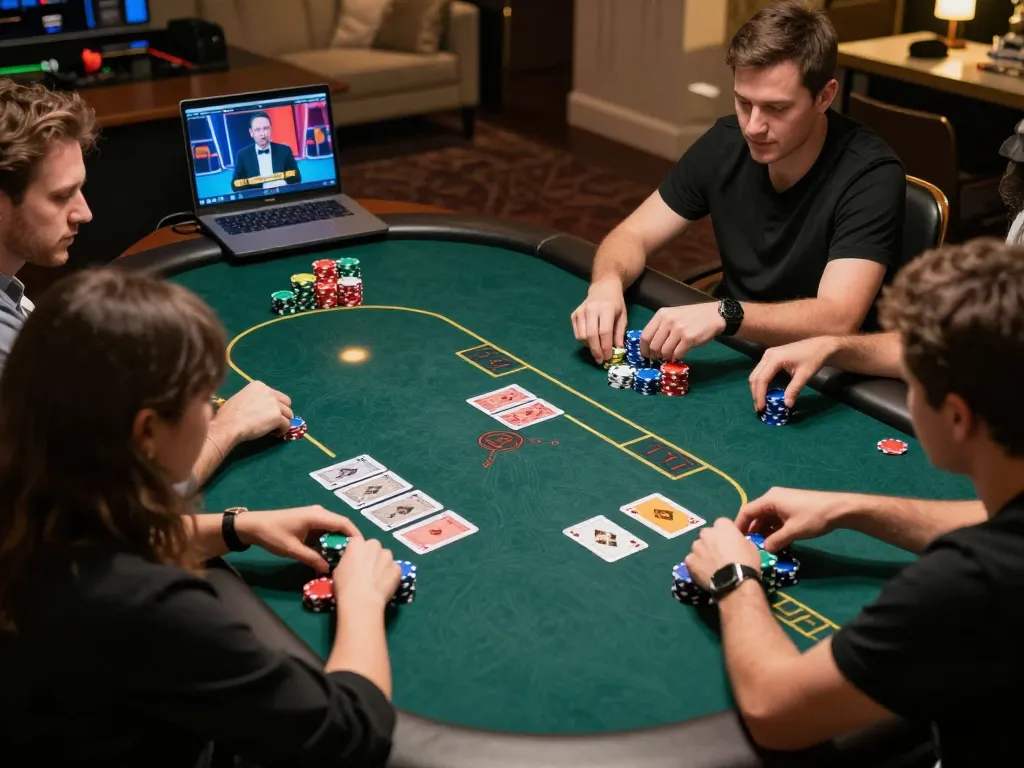 Players enjoying an exciting poker game on dn88 showing chips and cards in action