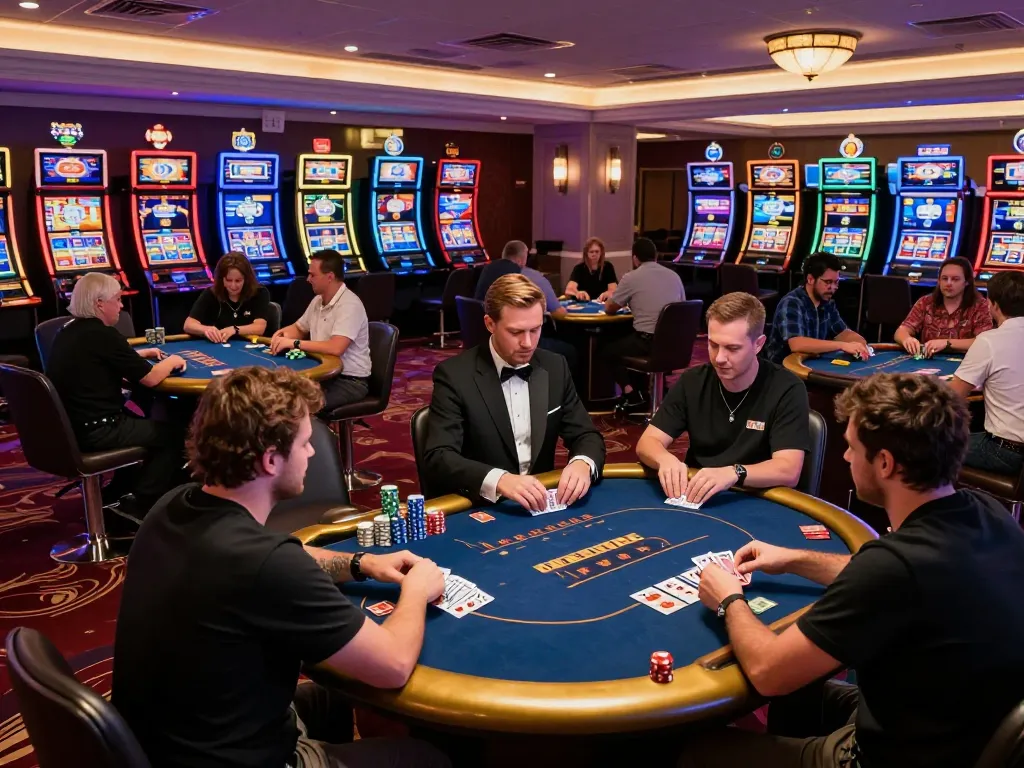 Players at man club engaging in poker strategy, surrounded by a luxury casino atmosphere.