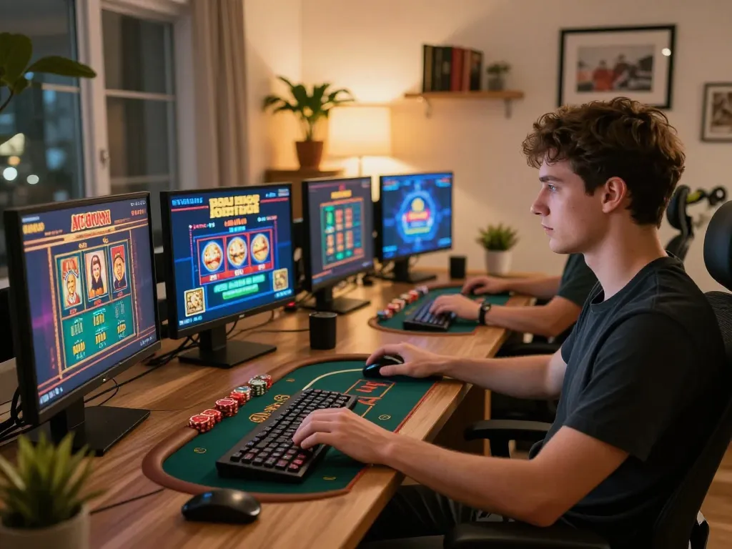 Engaged player using FC88 online casino games on multiple screens in a cozy home office setting