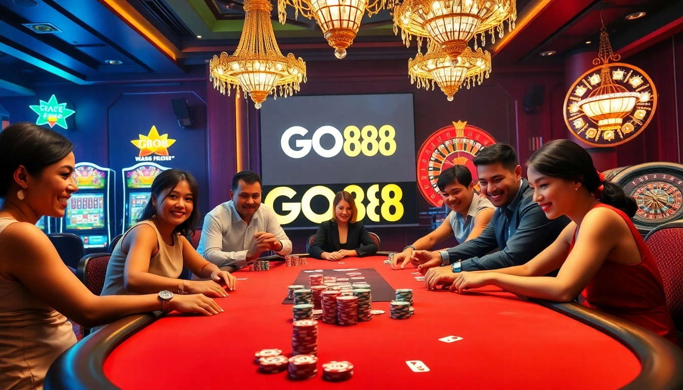 GO88 players strategizing at a luxurious casino poker table.