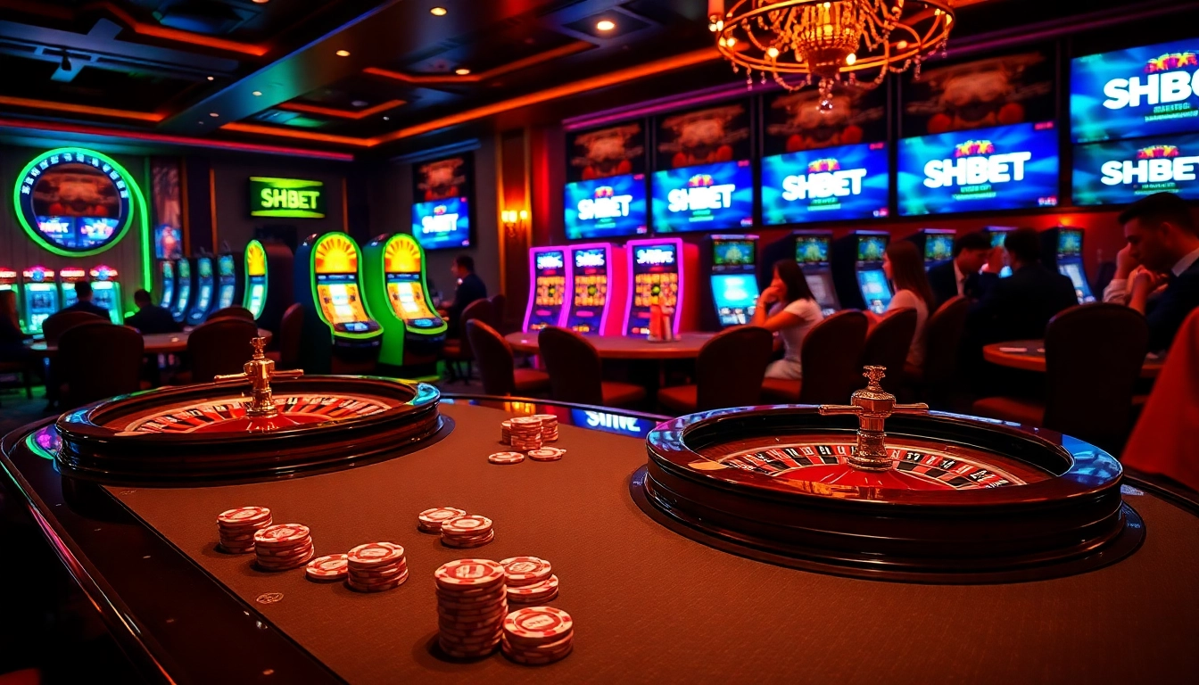 SHBET gaming enthusiasts enjoy a vibrant casino atmosphere with poker tables and roulette wheels.