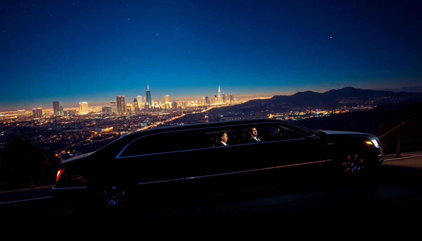 Hollywood Town Car and Limousine in Los Angeles with city skyline at night.