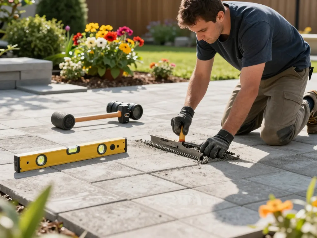 Paver installation near me, showcasing a professional laying high-quality pavers in a vibrant garden.