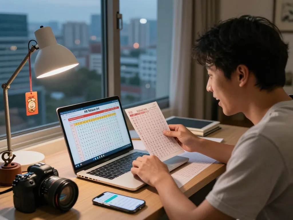 Pemain dengan semangat memeriksa hasil HK Malam Ini di rumah dengan laptop.
