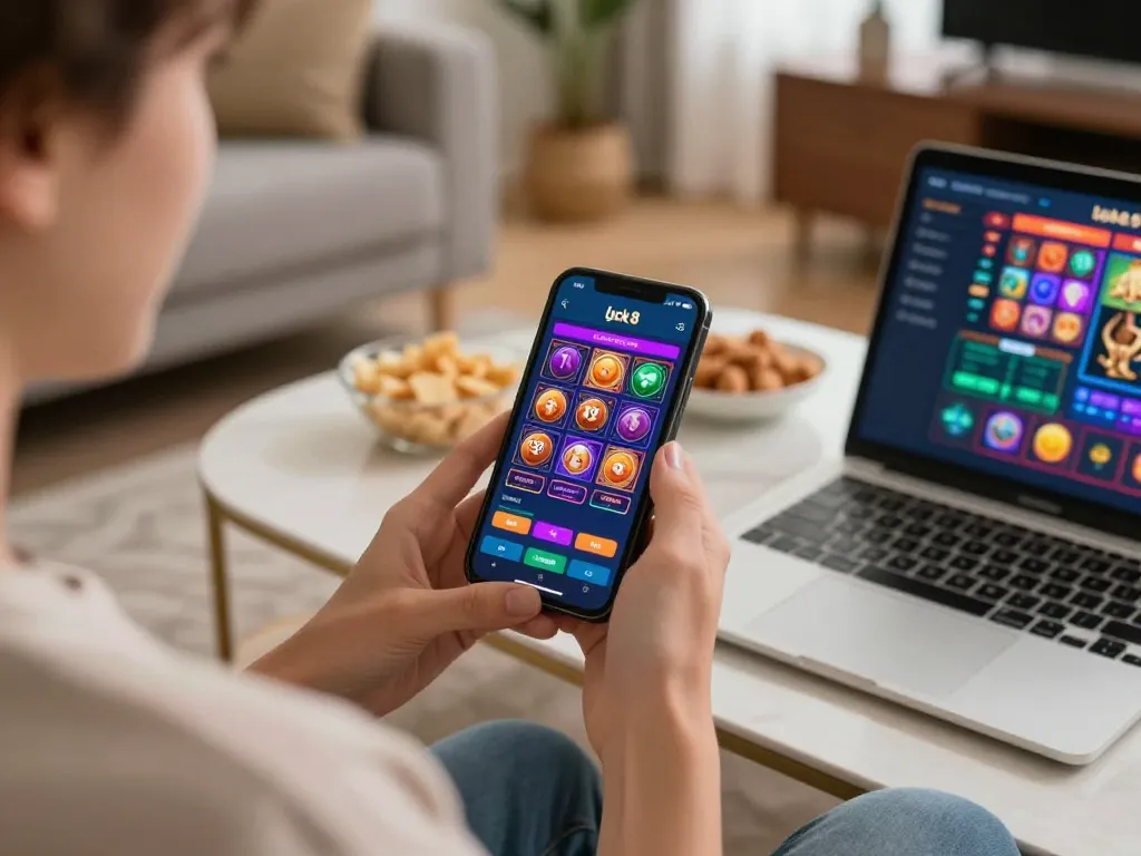 Engaging mobile gameplay on the luck8 app in a modern home setting, showcasing dynamic casino graphics.