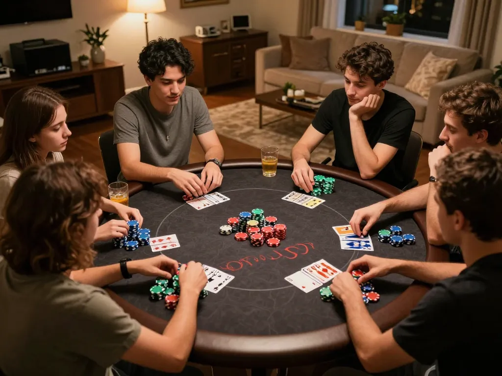 Engaged friends playing poker at home, showcasing vibrant gameplay with XOCDIA88 atmosphere, chips and cards in action.