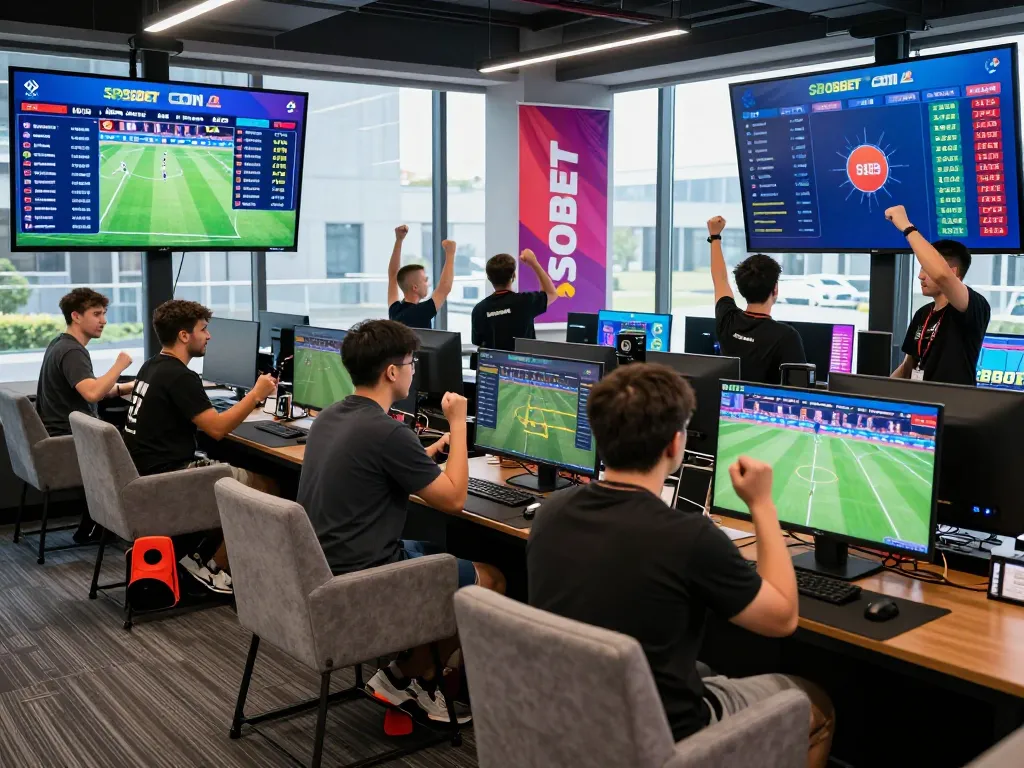 SBOBET betting scene showing players engaged and celebrating wins in a vibrant sports lounge.