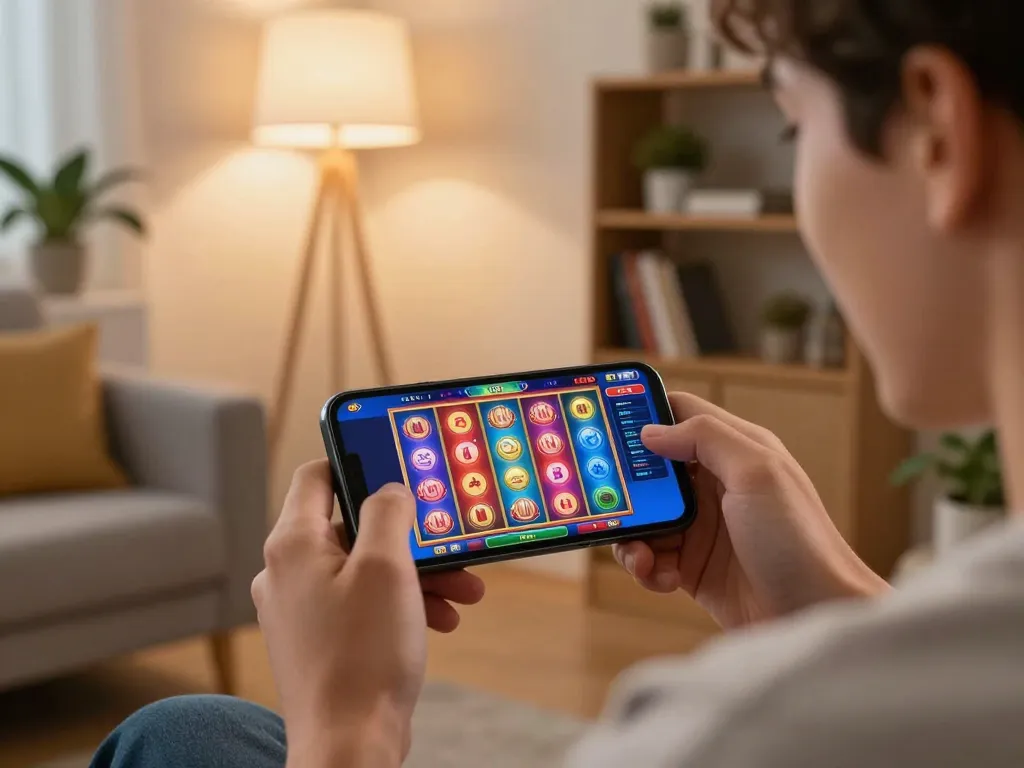 Player engages in exciting tải hitclub mobile casino slots on their smartphone in a cozy living room.