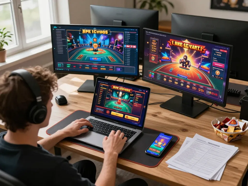 Person enjoying an online gaming session with ko66 on multiple devices, showcasing a lively casino atmosphere