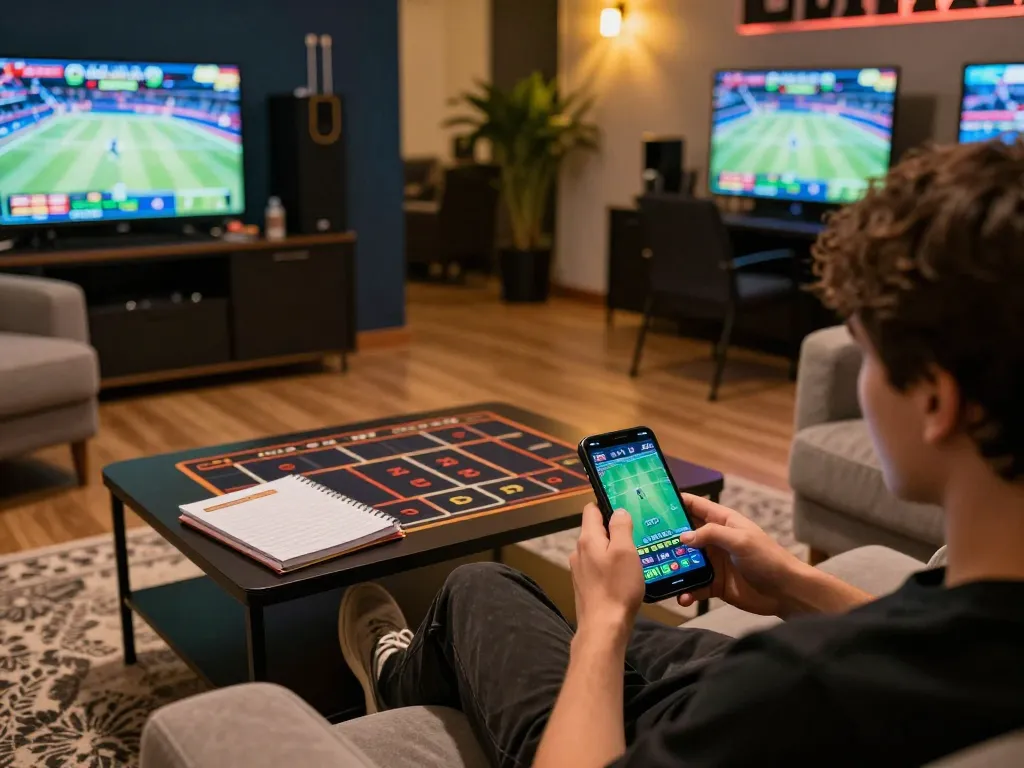 Engaging in mobile betting on the fly88 app while enjoying a cozy home atmosphere.