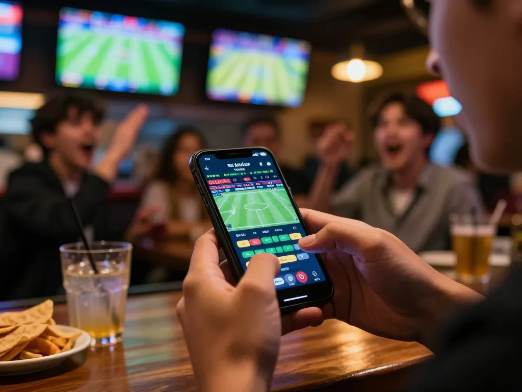 Spectator placing bets on kèo nhà cái during a live sports event in an energetic sports bar.