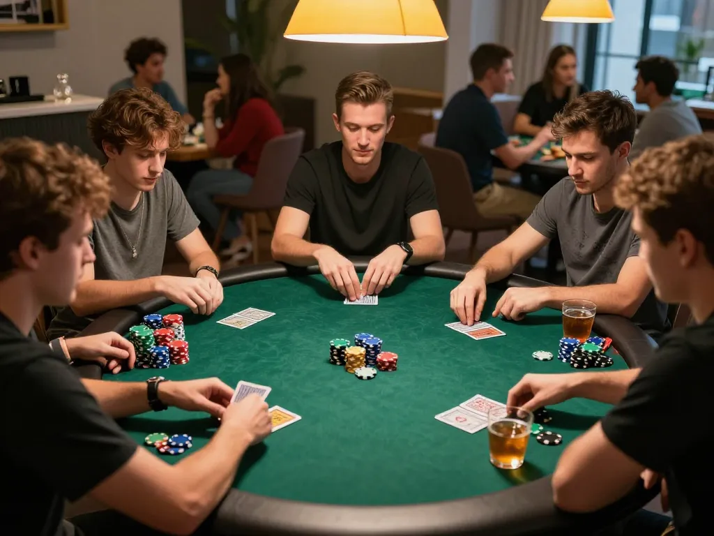 Players engaged in an intense poker night at home, showcasing MB66 strategic gameplay and vibrant atmosphere.