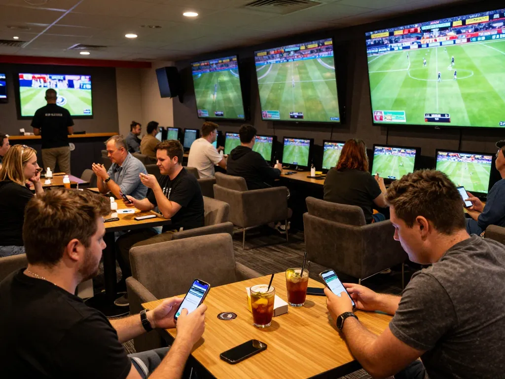 Pengguna SBOBET memasang taruhan langsung di lounge taruhan olahraga yang ramai, menampilkan suasana yang menarik