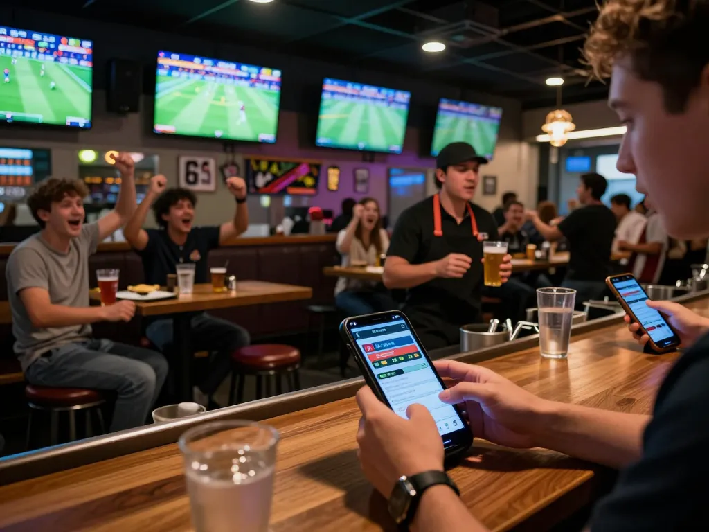 Pencinta judi menikmati keseruan Judi Bola sambil memasang taruhan di bar olahraga yang ramai selama pertandingan langsung