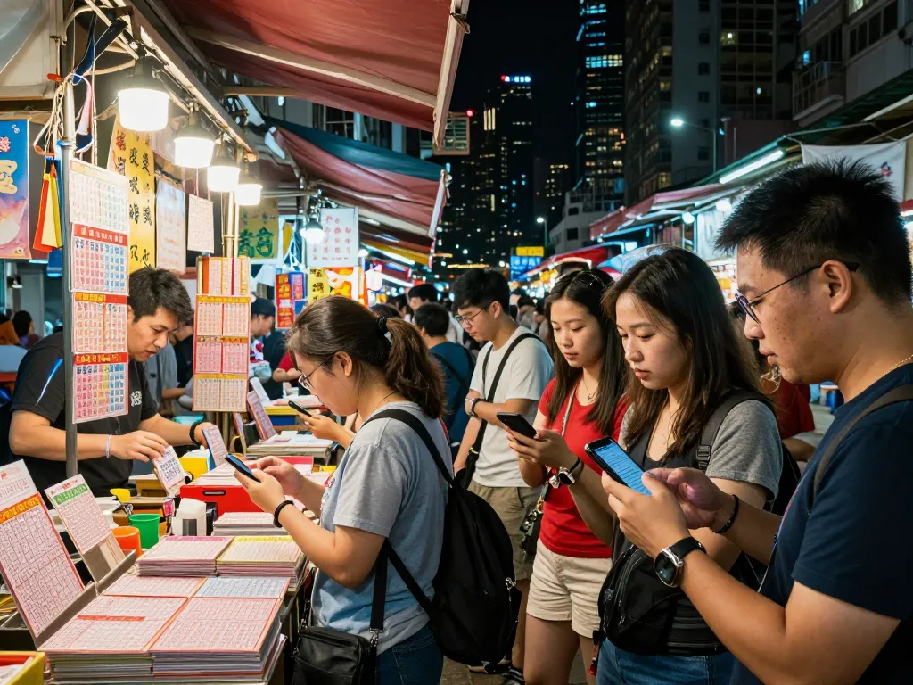 Pasar jalan yang menarik di Hong Kong menampilkan para penjudi yang dengan antusias memeriksa hasil lotere HK Malam Ini, suasana yang hidup dipenuhi dengan cahaya berwarna-warni dan lapak-lapak.