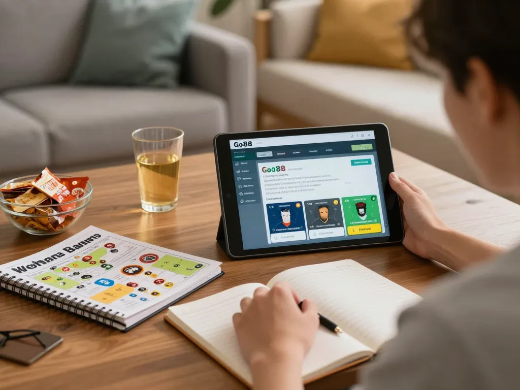 Engaging online gaming experience with Go88 app displayed on tablet, showcasing a cozy home setting.