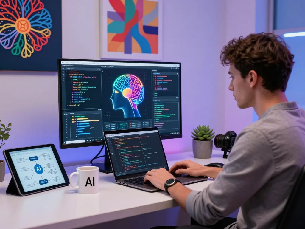 Developer coding mind control ai concepts in a modern tech workspace.