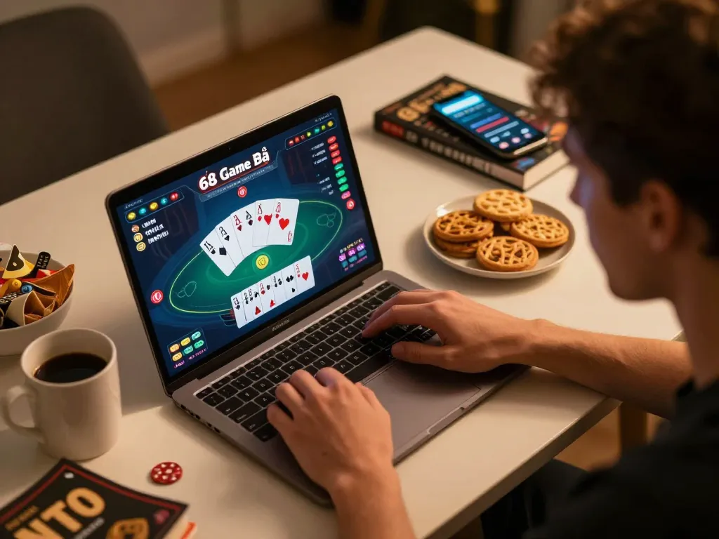 Player engaging with 68 Game Bài online casino on a laptop, showcasing strategic gameplay.