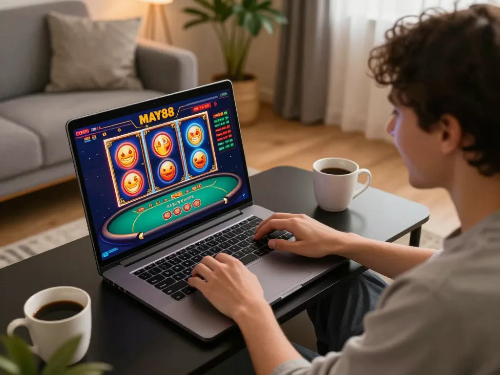 MAY88 gaming excitement in a cozy home setup with a vibrant online casino interface displayed.