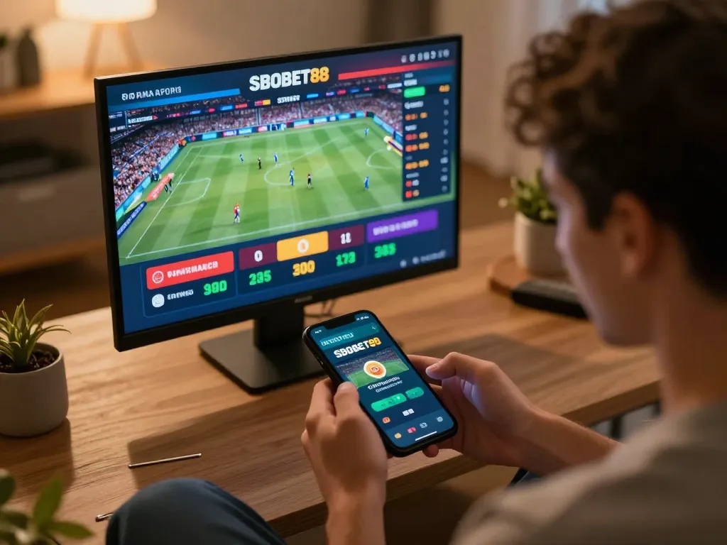Orang yang menggunakan aplikasi taruhan olahraga SBOBET88 di smartphone, menunjukkan semangat dan taruhan strategis.